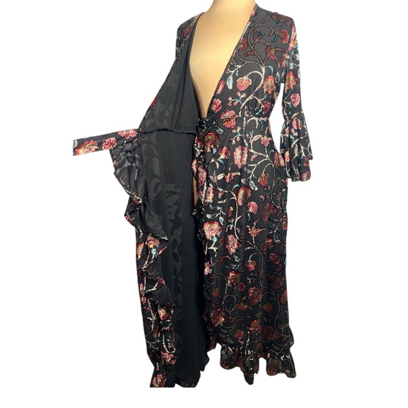Anthropologie Talisman Black Multicolor Velvet Floral V neck Wrap Midi Dress - Picture 7 of 16